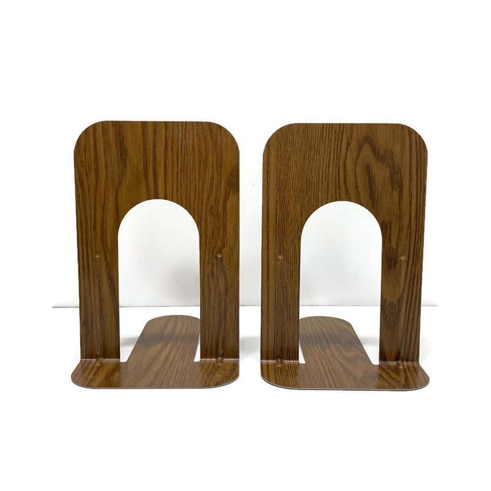 Vintage Industrial Faux Wood Grain Large Metal Book Ends Office Library Decor